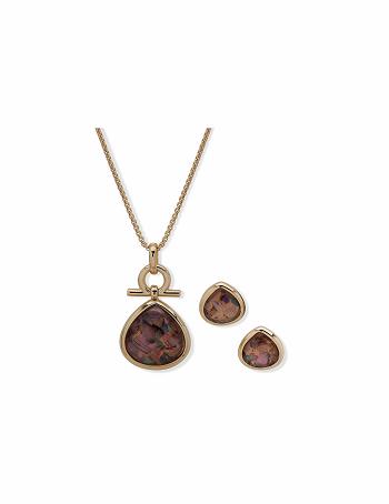 Anne Klein Abalone Teardrop Earring & Necklace Set Earrings Gold | LAUSX34324