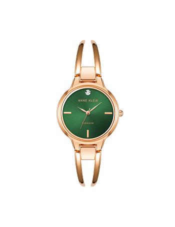 Anne Klein Accented Open Bangle Watch Diamond Rose / Gold / Green | AAUDF13334