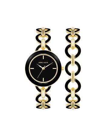 Anne Klein Boyfriend Circular Link Bracelet Watch Sets Black / Gold | AUDYB17679