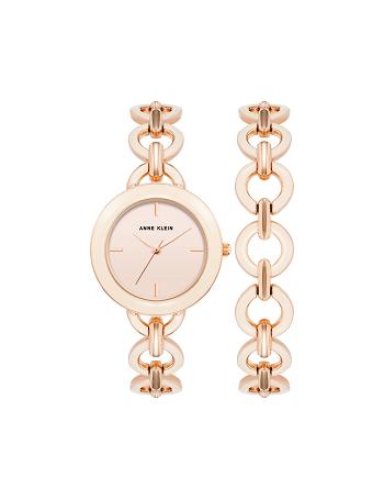 Anne Klein Boyfriend Circular Link Bracelet Watch Sets Pink / Pink / Rose / Gold | UAUTG92678