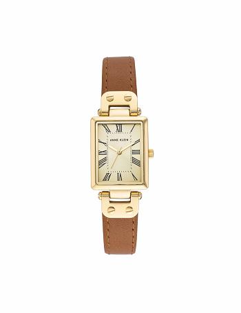 Anne Klein Case Leather Strap Watch Rectangular Brown / Gold | UAUTG44664