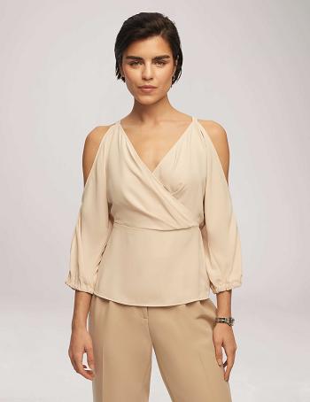 Anne Klein Cold Shoulder Crossover Peplum Blouse Tops Beige | AUDYB58533