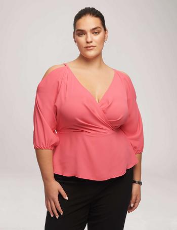 Anne Klein Cold Shoulder Crossover Peplum Blouse Plus Size Pink | DAUVO14155