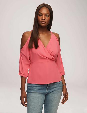 Anne Klein Cold Shoulder Crossover Peplum Blouse Tops Pink | TAUWZ50459