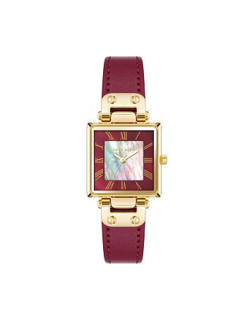 Anne Klein Considered Solar Square Leather Strap Watch Rectangular Gold / Burgundy | AUQAV48312