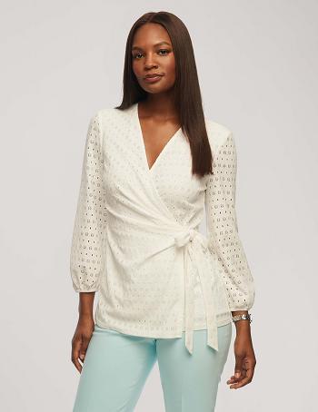 Anne Klein Dot Lace Blouson Sleeve Wrap Top Tops White | AUIIZ45720