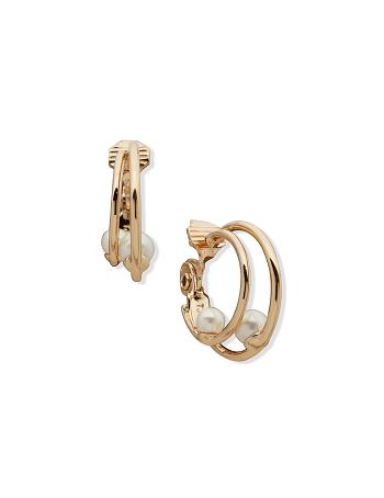 Anne Klein Double Hoop With Pearl Clip Earrings Gold | GAUUC41283