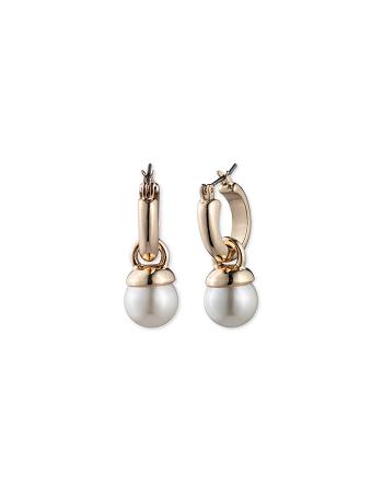 Anne Klein Gold-Tone Blanc Faux Pearl Drop Hoop Pierced Earrings Gold | ZAUMJ52155