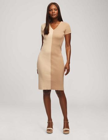 Anne Klein Half/Half Rib Sweater Dress Beige / White | AUJBT57062