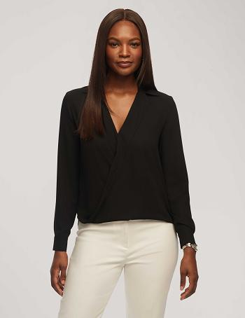 Anne Klein Long Sleeve Crossover Blouse With Collar Tops Black | DAUKV70260