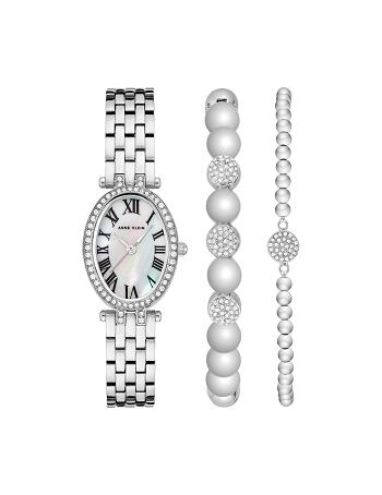 Anne Klein Oval Watch and Bracelet Set with Premium Crystals Metals Silver | AUIIZ63523