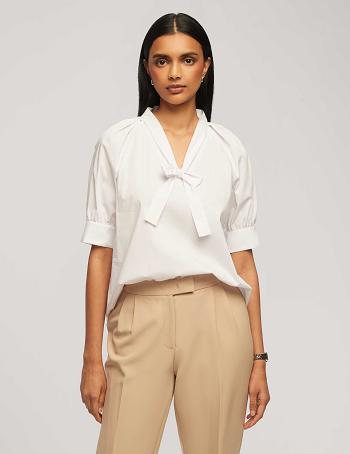 Anne Klein Poplin Puff Sleeve Blouse With Neck Tie Tops White | GAUUC75104