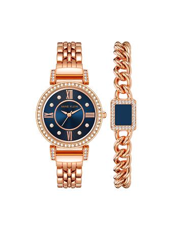 Anne Klein Premium Crystal Watch and Bracelet Sets Navy / Rose / Gold | GAUEC94999