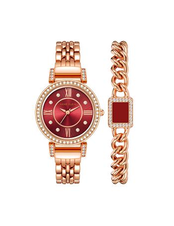 Anne Klein Premium Crystal Watch and Bracelet Sets Burgundy / Rose / Gold | PAUER81022