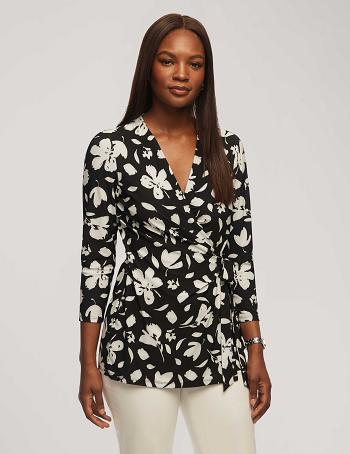 Anne Klein Printed 3/4 Sleeve Wrap Top Tops Black / White | AUNZX13251