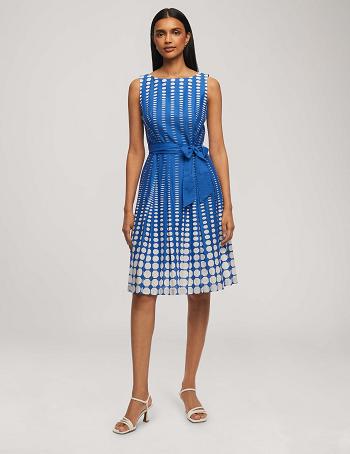 Anne Klein Printed Cotton Fit & Flare With Sash Dress Blue / White | AUDFL18051