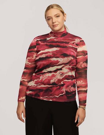 Anne Klein Printed Mesh Long Sleeve Zip Back Mock Neck Plus Size Multicolor | AAUDF70612