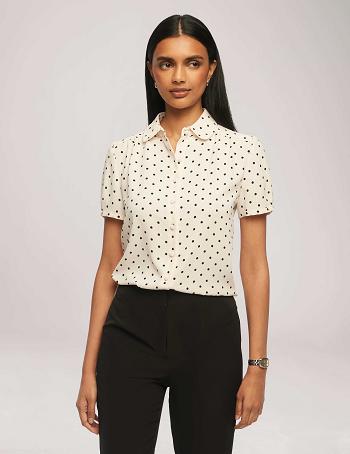 Anne Klein Printed Short Sleeve Button-Up Blouse Tops White / Black | LAUSX94145