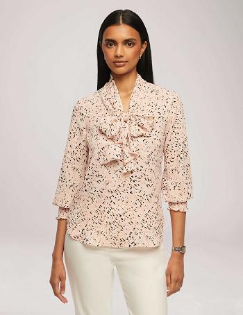 Anne Klein Printed Smocked Cuff Bow Blouse Tops Pink / Multicolor | AAUWC29348