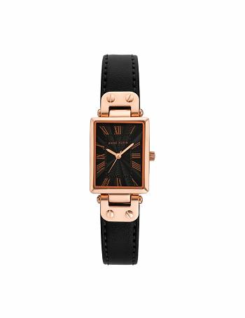 Anne Klein Rectangular Case Strap Watch Leather Black / Rose / Gold | AUZPD68350