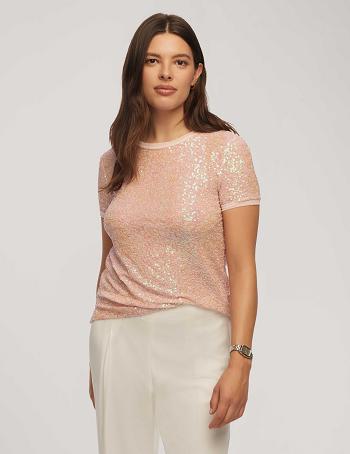 Anne Klein Sequin Mesh W/ Triple Mesh Short Sleeve Banded Tee Tops Pink / Multicolor | AUJVR59530