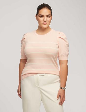 Anne Klein Short Puff Sleeve Crew Neck With Stripes Plus Size Pink / White | AUEGJ99428