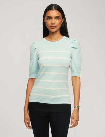 Anne Klein Short Puff Sleeve Crew Neck With Stripes Tops Blue / White | AUQAV30439