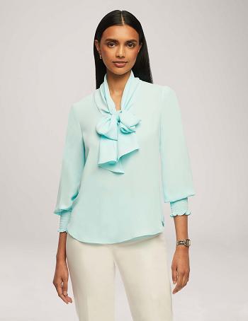 Anne Klein Smocked Cuff Bow Blouse Tops Blue | BAUSO56631