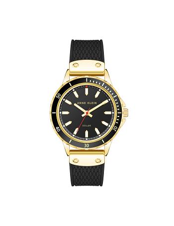 Anne Klein Solar Rubber Strap Watch Considered Black / Gold | GAUEC58529