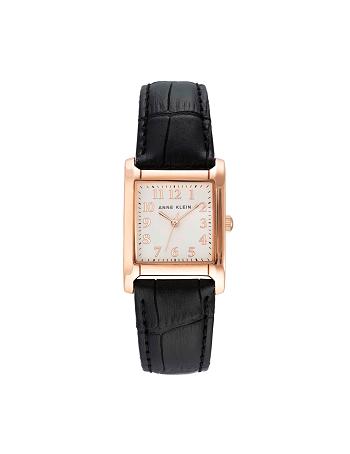 Anne Klein Square Case Strap Watch Leather Black / Rose / Gold | SAUVO84012