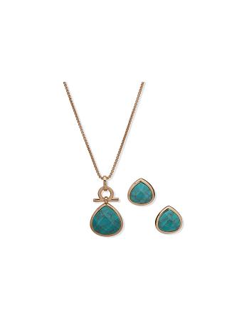 Anne Klein Tear Drop Pendant Necklace and Earring in Pouch Jewelry Sets Gold / Blue | AUCIF46602