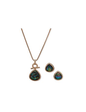 Anne Klein Tear Drop Pendant Necklace and Earring in Pouch Jewelry Sets Gold / Green | AUJZR23245