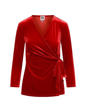 Anne Klein Velour Three-Quarter Sleeve Wrap Top- Clearance Tops Red | AUQAV44746