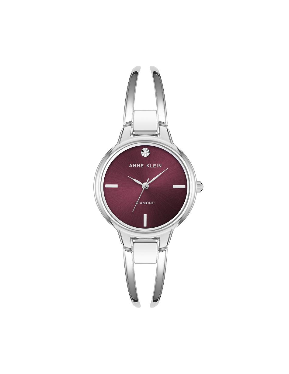 Anne Klein Accented Open Bangle Watch Diamond Silver / Burgundy | MAUFT32337