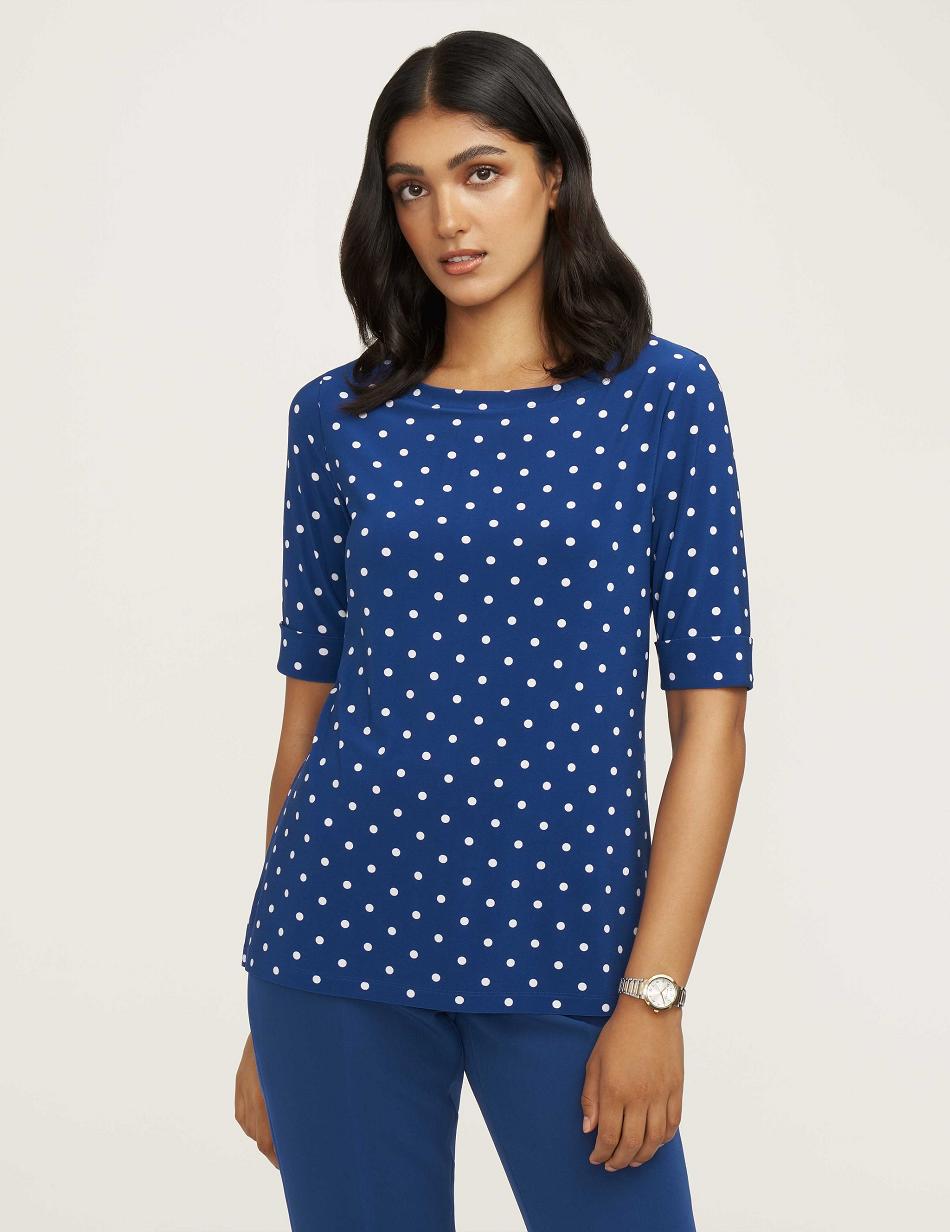 Anne Klein Beekman Dot Boatneck Tee- Clearance Tops Blue / White | FAUHY32826