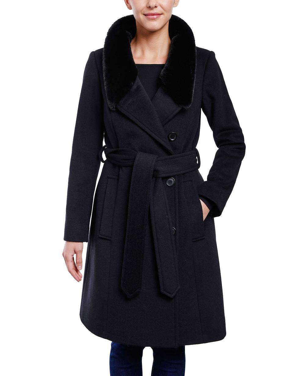 Anne Klein Belted Wrap Wool Coat With Fur Collar Outerwear Black | AUQAV85694