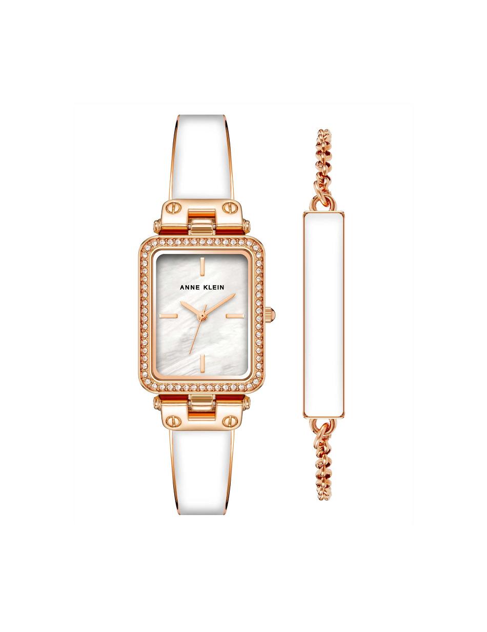 Anne Klein Case Watch and Bracelet Set Rectangular White / Rose / Gold | AUDFL19591