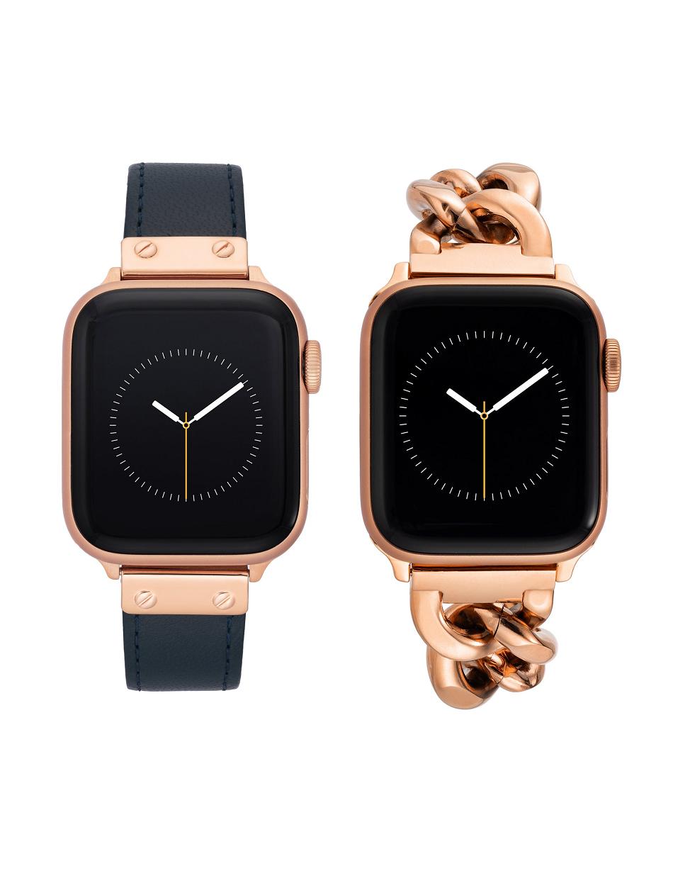 Anne Klein Chain Bracelet and Leather Band Set Apple Watch Accessories Navy / Rose / Gold | AUJZR89527