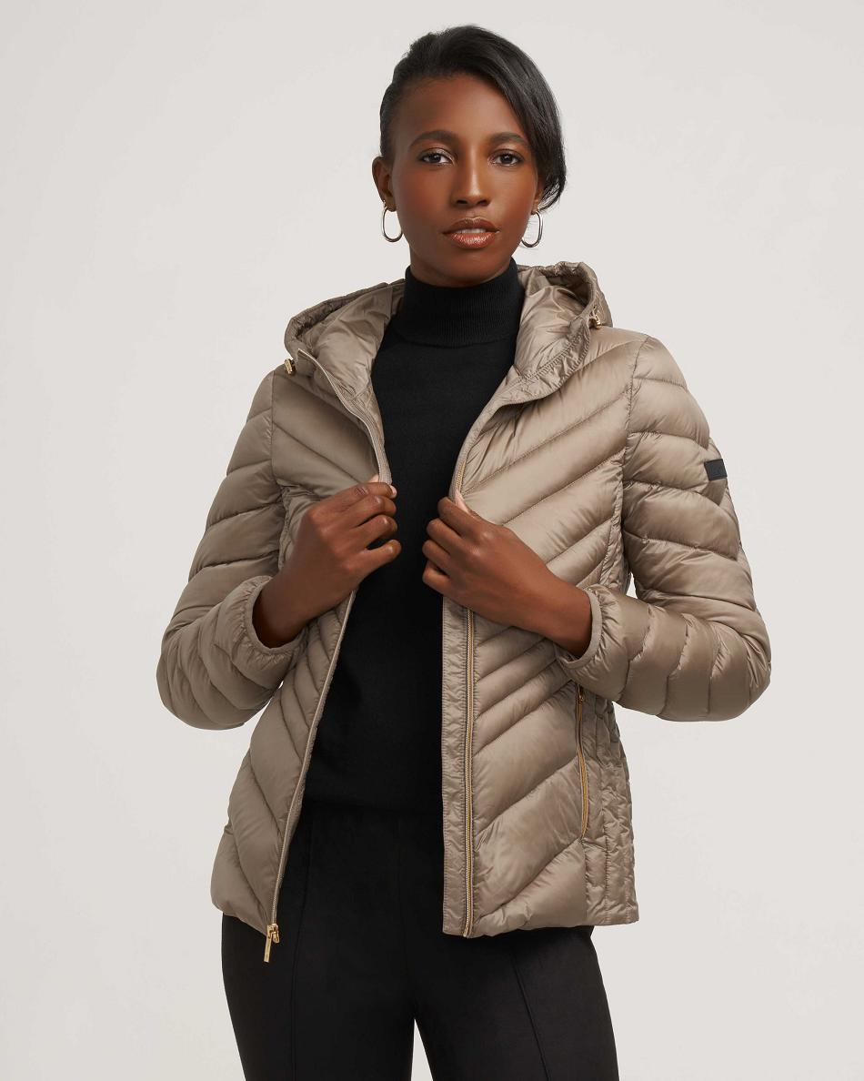 Anne Klein Chevron Packable Puffer Jacket Outerwear Grey Brown | AUICD51370