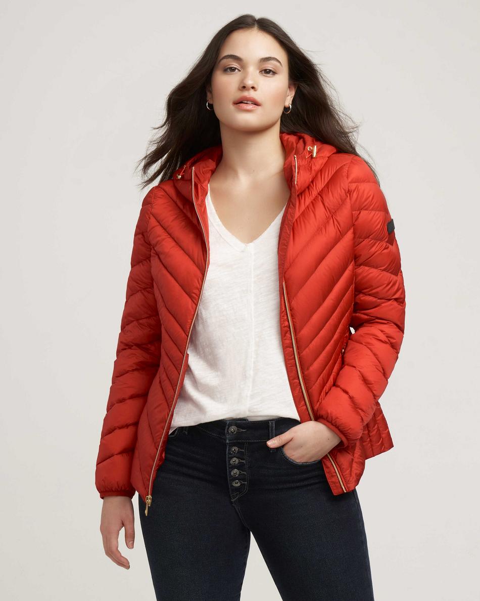 Anne Klein Chevron Packable Puffer Jacket Outerwear Red | MAUFT77452