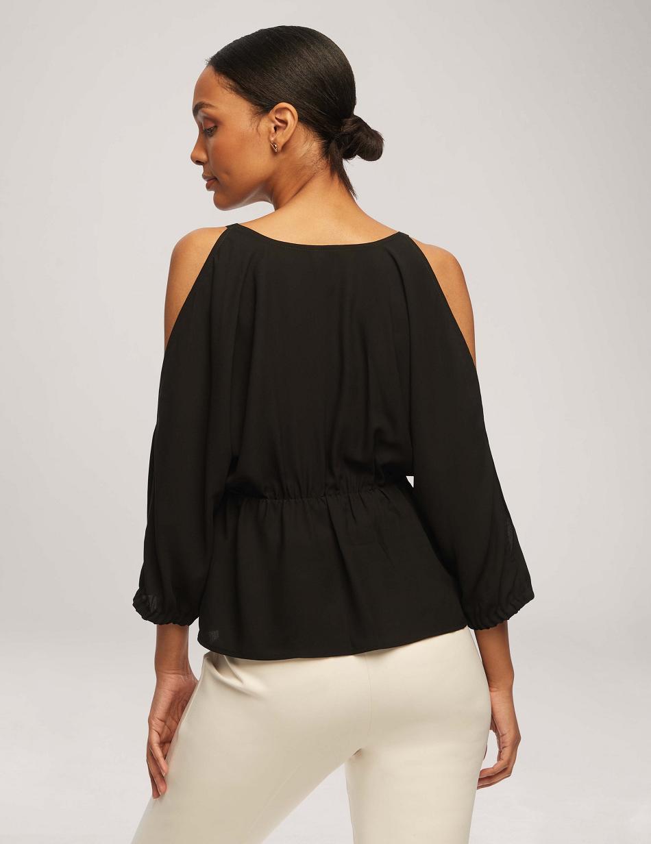 Anne Klein Cold Shoulder Crossover Peplum Blouse Tops Black | AAUDF47916