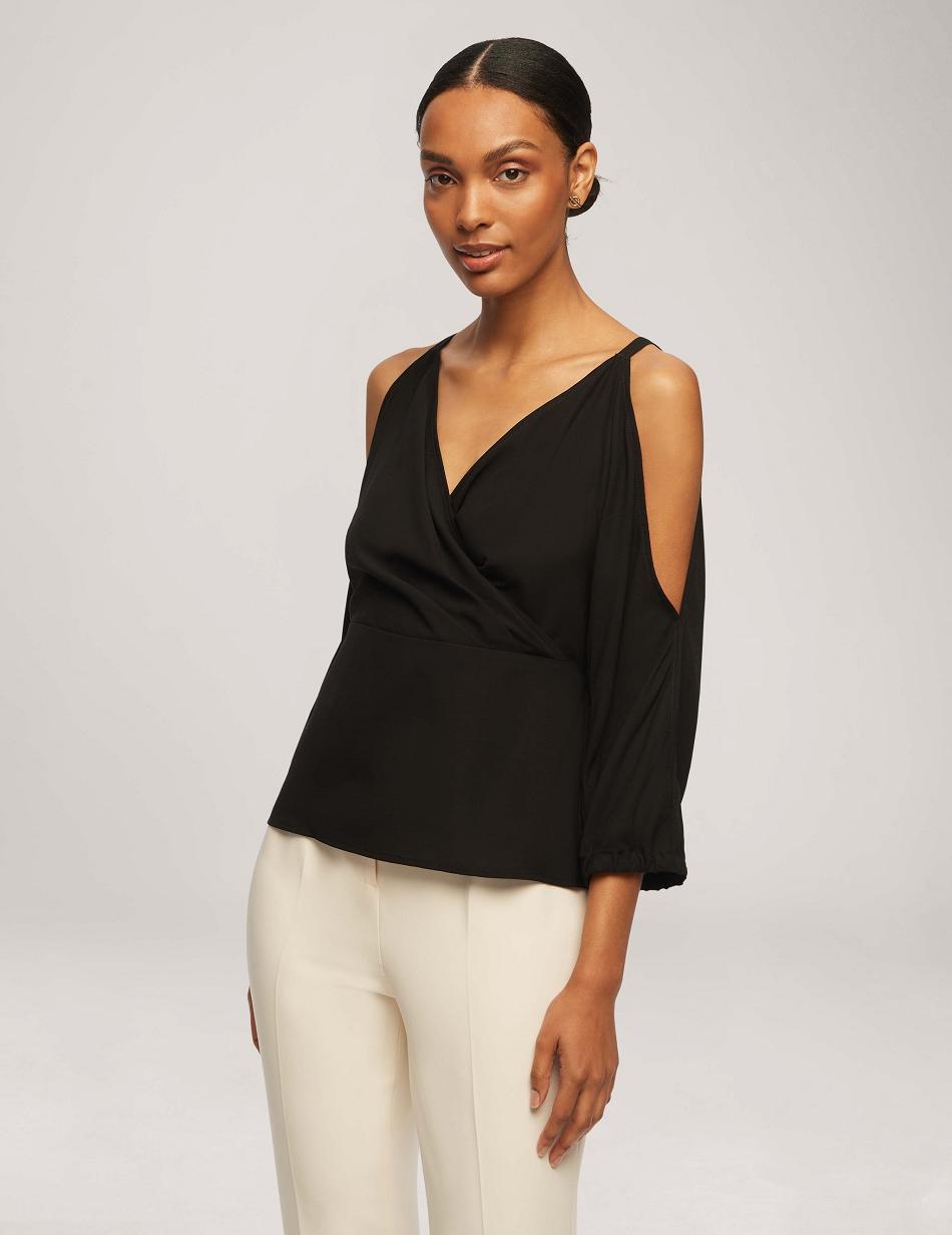 Anne Klein Cold Shoulder Crossover Peplum Blouse Tops Black | AAUDF47916