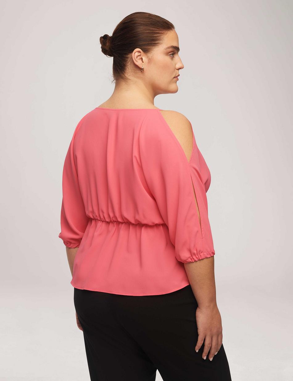 Anne Klein Cold Shoulder Crossover Peplum Blouse Plus Size Pink | DAUVO14155