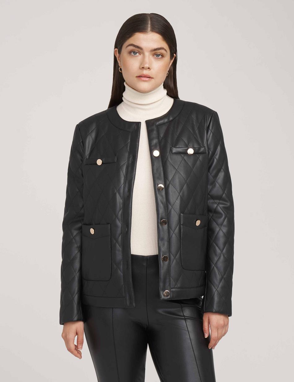 Anne Klein Collarless Vegan Leather Quilted Blazers Black | FAUHY93629