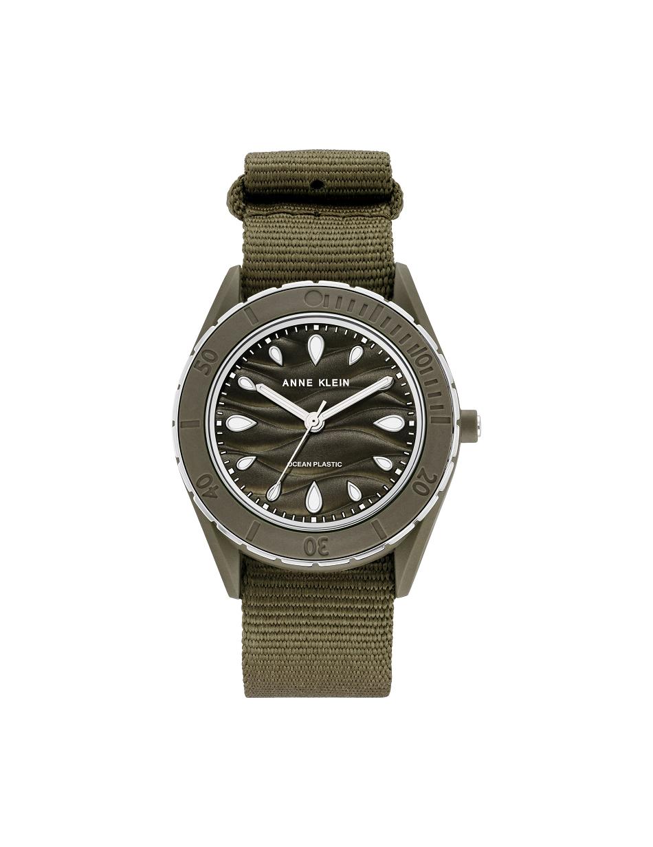 Anne Klein Considered Solar Recycled Woven Strap Ocean Plastic Watches Silver / Olive / Green | PAUER18025