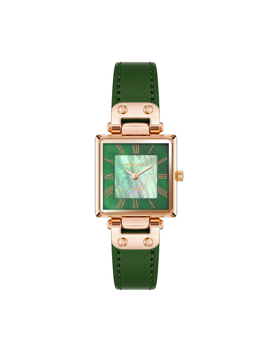 Anne Klein Considered Solar Square Leather Strap Watch Best Sellers Green / Rose / Gold | AAUWC29807