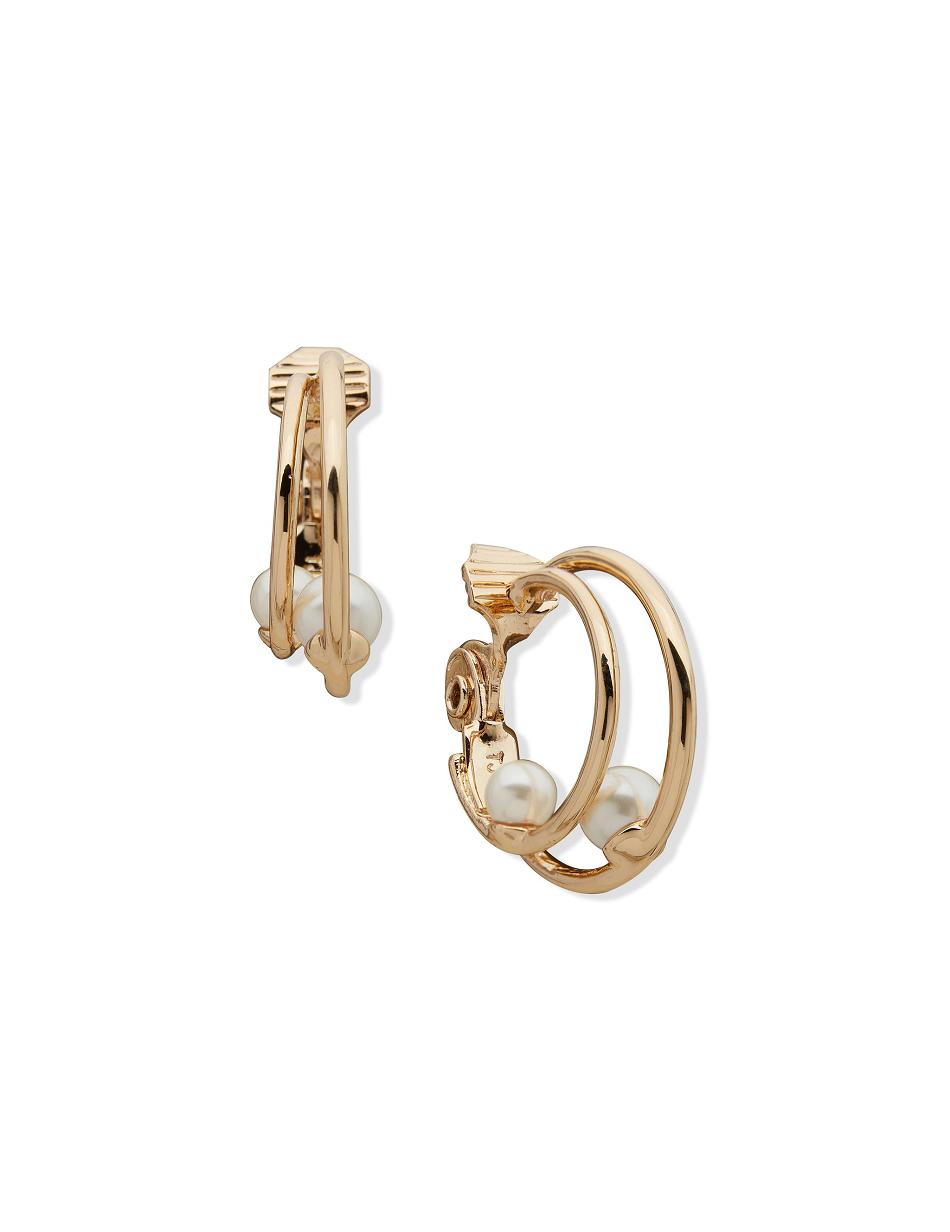 Anne Klein Double Hoop With Pearl Clip Earrings Gold | PAUQX47511