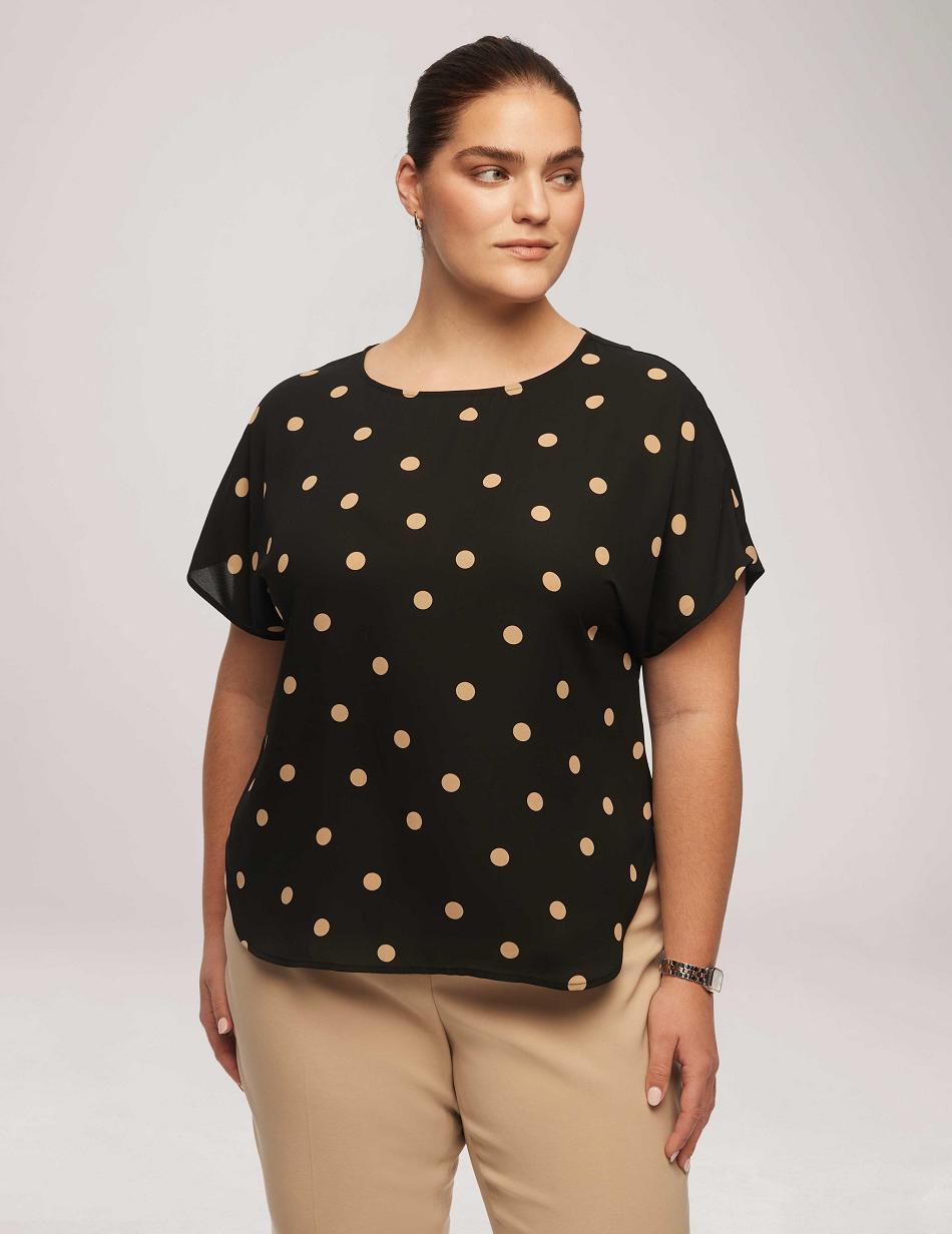 Anne Klein Large Dot Bateau Neck Short Sleeve Blouse Plus Size Black | AUEAH38629