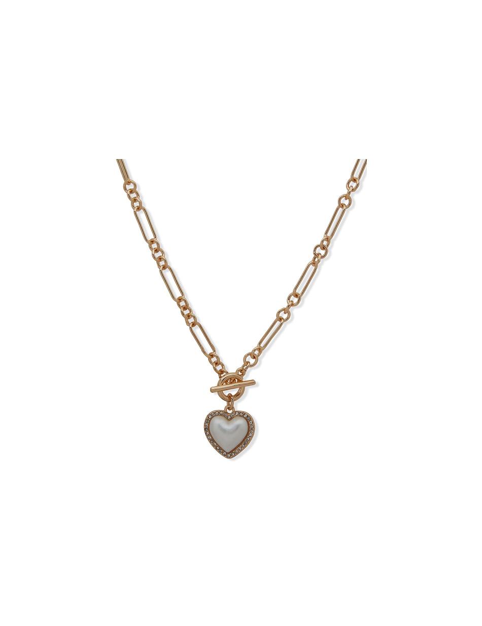 Anne Klein Link Heart Pendant Pearl Necklace Gold | UAUTG95923