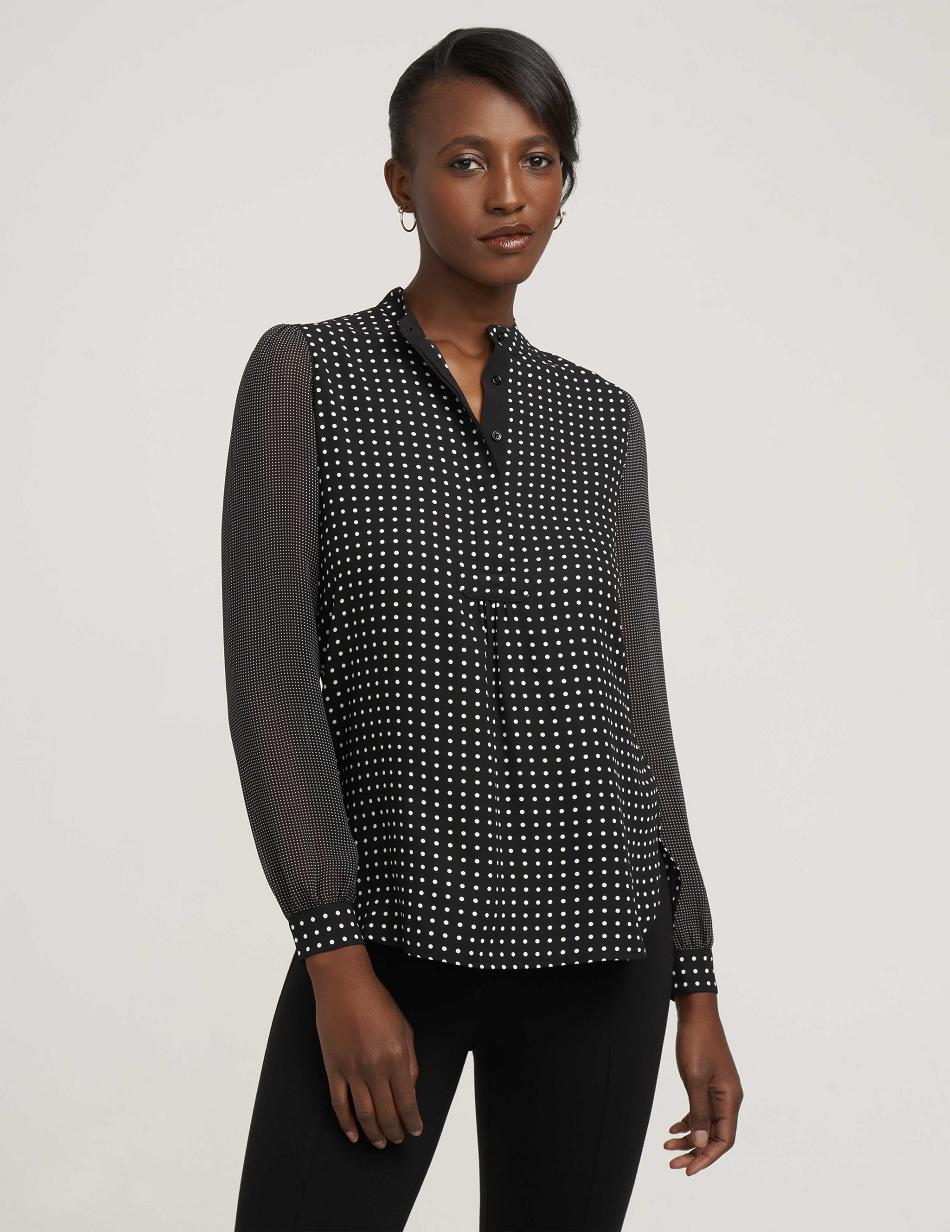 Anne Klein Long Sheer Sleeve Poet Blouse Tops Black / White | AUJKU47203